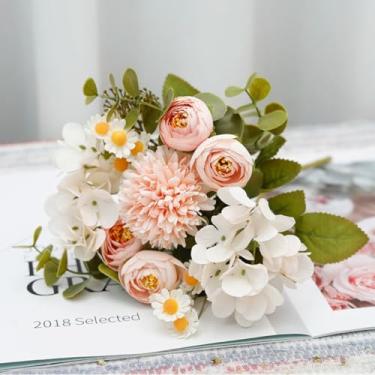 Imagem de Flores artificiais de seda, rosas, buquê de girassol, decoração para casa, casamento, festa, flores falsas, vaso de scrapbook, arranjo de jardim (rosa)
