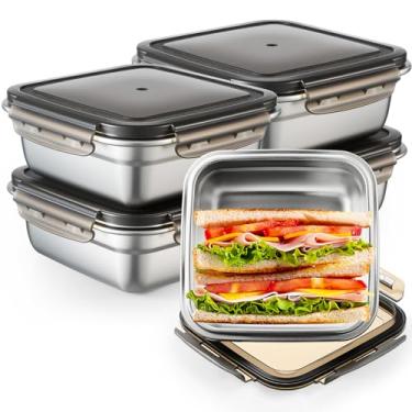 Imagem de Blushtier Pacote com 4 recipientes de sanduíche de aço inoxidável com tampas, recipiente de alimentos de metal de 720 g para lancheiras com selo de silicone hermético para sanduíches e lanches (preto)