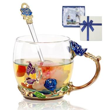 Imagem de Xícara de chá de flor, caneca de café de vidro transparente borboleta rosa com colher, caixa de presente para sua mãe, esposa, avó, meninas, mulheres, dia das mães, Natal, aniversário, ideia de