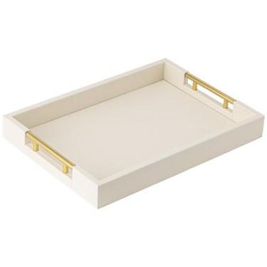 Imagem de Bandeja de servir SYYSY Bege Faux Leather com alças para mesa