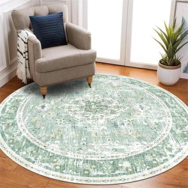 Imagem de ESSMOKO Tapete redondo étnico tapete retro tapete quarto / sala de estar tapete lavável à máquina, fácil de cuidar, tapete de caxemira artificial, verde matcha, 60 cm