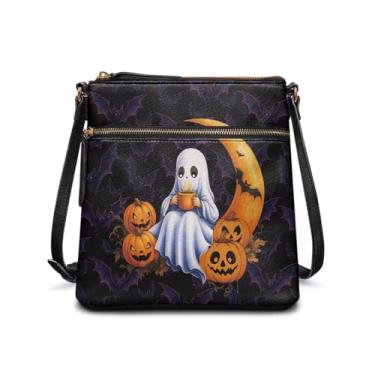 Imagem de HUGS IDEA Bolsa transversal de couro para mulheres e homens, bolsa de ombro grande para celular, Fantasma de Halloween