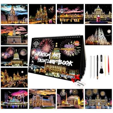 Imagem de Livro de arte de raspar para adultos e crianças - Arte de arranhão de edifício | Kit de artesanato de papel de pintura a arranhão | Conjunto de arte com gravação em folha criativa | Livros da série