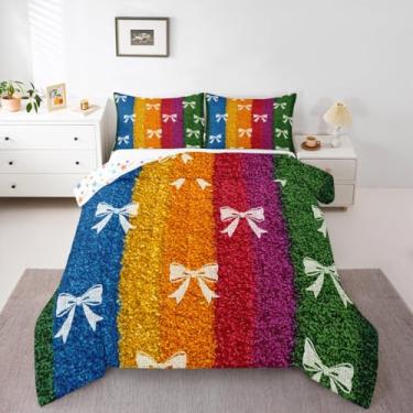 Imagem de Feelyou Conjunto de edredom fofo com laço para todas as estações, listrado, colorido, com 2 fronhas, de microfibra, arco-íris, roupa de cama casal, laços de coquete, decoração de quarto, edredom