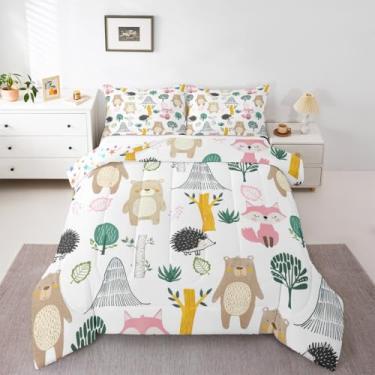 Imagem de Feelyou Conjunto de edredom casal com desenho animado, zoológico, para crianças, meninos, meninas, urso, raposa, ouriço, decoração de quarto, microfibra, 3 peças com 2 fronhas