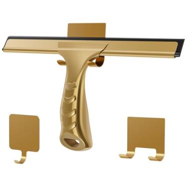 Imagem de Rodo de chuveiro de aço inoxidável de 25 cm com 2 ganchos limpador de chuveiro leve multijanela espelho ferramenta de limpeza de banheiro para limpeza de azulejos de vidro de janela (1, dourado)