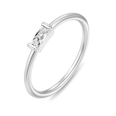 Imagem de RLMOON Anéis de pedra do mês de nascimento de ouro para mulheres que não mancham anéis empilháveis delicados banhados a ouro 14K Baguete CZ verde esmeralda anel joia personalizada presente para