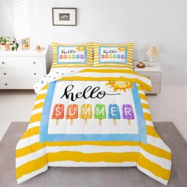 Imagem de Erosebridal Jogo de cama solteiro com listras amarelas e verão, para quarto de meninas, adolescentes e homens, edredom geométrico engraçado de verão, colcha de picolé de sorvete colorido para o sol