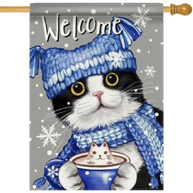 Imagem de Covido Welcome Winter Tuxedo Cat Decorative House Flag, Christmas Hot Cocoa Snowflake Garden Yard Outside Decoration Pet Lover Gift, Seasonal Burlap Outdoor Large Home Decor Dupla Face 28 x 40