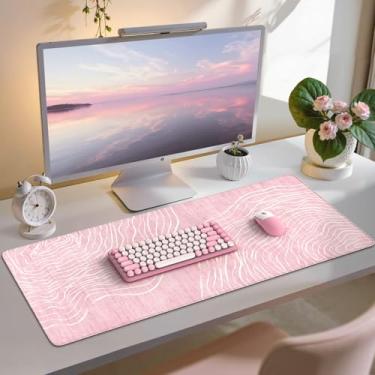 Imagem de iCasso Tapete de mesa grande, rosa, mouse pad grande com bordas costuradas, tapete de computador estético para desktop, tapete de teclado antiderrapante para mulheres, bonito protetor de capa de mesa