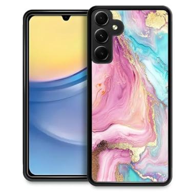 Imagem de CARLOCA Capa compatível com Samsung Galaxy A15 para meninas à prova de choque antiarranhões capa traseira de PC rígida estética padrão rosa azul-petróleo linhas douradas arte mármore