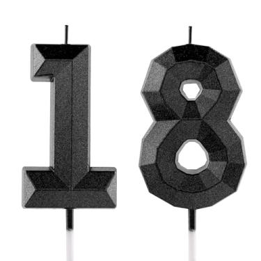 Imagem de Vela de aniversário de 18 anos, preta, número 18, velas, design 3D, enfeite de bolo, decoração de feliz aniversário, para mulheres, homens, casamento, aniversário, celebrações, artigos de festa