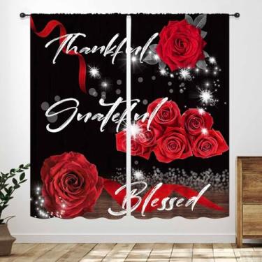 Imagem de Cortinas de flores rosas vermelhas, citações inspiradoras florais vintage, tratamento de janela, preto, vermelho, dia dos namorados, quarto, sala de estar, cozinha, café, cortinas, 2 painéis, 106 x