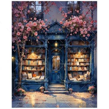 Imagem de TAOPAOLAB Kit de livraria com pintura de flores por números para adultos - Livraria romântica DIY à noite pintura em tela 40 x 50 cm, conjunto de tinta acrílica, adequado para iniciantes, arte para