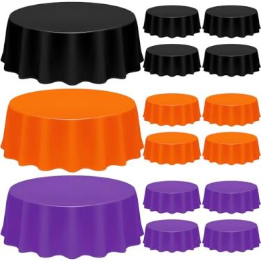Imagem de CIEOVO Pacote com 12 toalhas de mesa de plástico para Halloween, preto, laranja, roxo, descartável, impermeável, toalha de mesa redonda para decoração de festa de bruxa e vampiro