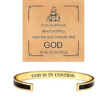 Imagem de BlingNook Pulseira God Is In Control para mulheres e homens, com cartão de presente, pulseiras de oração cristã aberta Jesus fé inspiradora, joia ajustável de aço inoxidável, One Size, Aço inoxidável