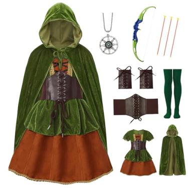 Imagem de Mecamelon 7 peças de fantasia de arqueiro para meninas medieval renascentista vestido de fantasia com capa, Verde, 7-8 Anos