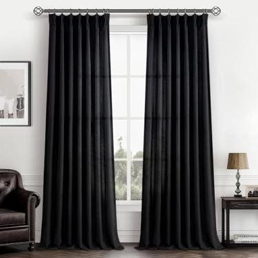 Imagem de Cortinas plissadas pretas transparentes de 96 polegadas para quarto, mistura de linho espesso neutro plissado cortina de porta deslizante decoração exuberante cortinas de janela de privacidade ganchos