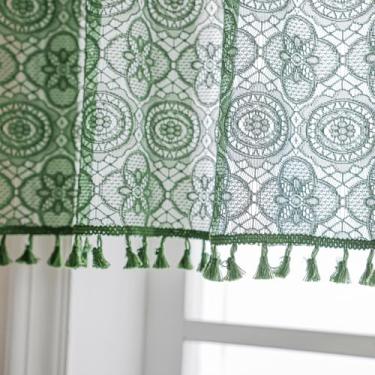 Imagem de Kotile Saia de renda verde esmeralda para janela 1 painel, L 152 x C 45 cm, cortina floral geométrica de crochê boho com borlas, cortina curta com filtro de luz para janela de cozinha sobre pia