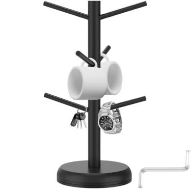 Imagem de ZLHETWT Porta-canecas, árvore, versátil, de madeira maciça, suporte de caneca de café, organizador elegante de madeira que economiza espaço, suporte para canecas de café em pé para balcão, suporte de