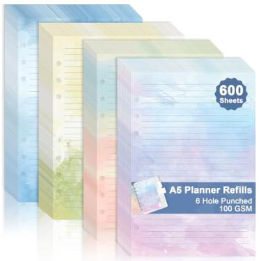 Imagem de Refil de papel para aquarela A5 para fichário de 6 furos, papel de refil de folhas soltas A5, papel de enchimento de caderno de 100 g/m², papel de folha solta de 6 furos para agenda de orçamento, 14,2