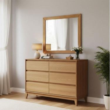 Imagem de Conjunto Cômoda 6 Gavetas + Moldura com espelho – Madeira Maciça e MDF – Linha Prata Finestra Móveis Freijó