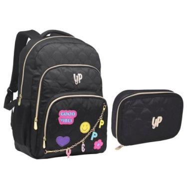 Imagem de Kit Mochila Com Patches Good Vibes Estojo Box Feminina Juvenil Escolar