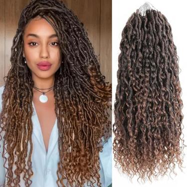 Imagem de Cabelo de crochê com pontas encaracoladas 45,7 cm New Goddess Locs de crochê para mulheres negras, pré-enrolado, marrom ombré boho River Locs tranças para mulheres negras, extensão de cabelo entrelaçado sintético macio, sem coceira (5 pacotes, 45,7 cm, T1B/30#)