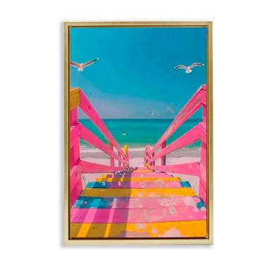 Imagem de Stupell Industries Arte de parede retrô rosa para escadas de praia com moldura dourada, design por LSR Design Studio, 63 x 43 cm