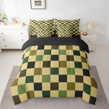 Imagem de Conjunto de edredom retrô quadriculado, tamanho casal, 7 peças, verde caçador, xadrez, para crianças, meninos, meninas, geométrico, camuflado, exército, cama em uma bolsa, moderna, moderna, estética