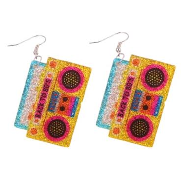 Imagem de Brincos femininos dos anos 80, vintage, fita cassete de acrílico, brincos pendurados, brincos coloridos de rádio faísca dos anos 70, 80, 90, roupas brilhantes para festa, Large, Plástico, Sem pedra