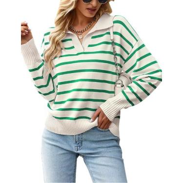 Imagem de Suéter feminino BQDCQB, polo listrado, decote em V, solto, verde, GG