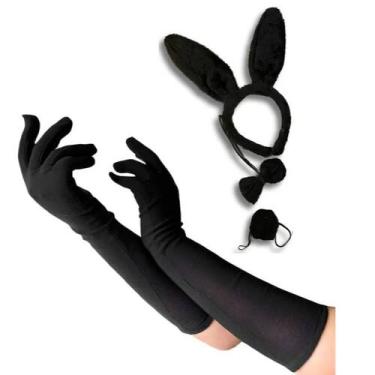 Imagem de Kit Tiara Coelho Pelúcia + Luva Longa Tecido Rabinho Orelha Gravata - 