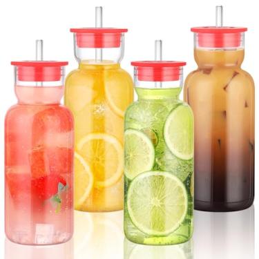 Imagem de CWHHRN Copo de vidro de 680 g com tampa e canudo, copo de vidro, vidro vintage para suco de cerveja e coquetel de uísque, jarra de vidro com tampa (pacote com 4)