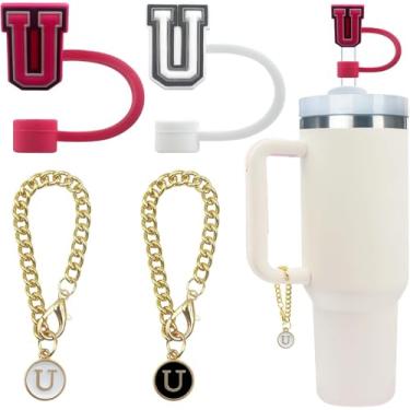 Imagem de 4 peças de acessório de garrafa de água com letras fofas compatíveis com copos Stanley, tampa de cobertura de canudo à prova de poeira de silicone, pingente de chaveiro de copo personalizado