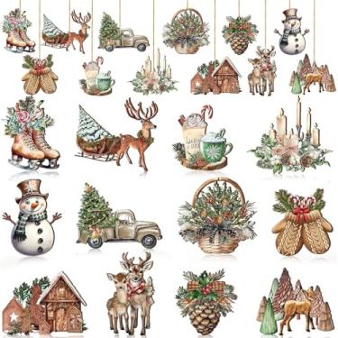 Imagem de Conjunto de decoração de madeira vintage com 24 peças de enfeites de madeira de alce, caminhão, árvore para pendurar em árvore de Natal, artesanato em madeira, decoração de férias, suprimentos de