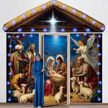 Imagem de Gilprop 4 peças de decoração de presépio de Natal com cordão de LED advento religioso capa de porta pano de fundo alegria para o novo mundo faixa de porta pano de fundo noite santa para férias de