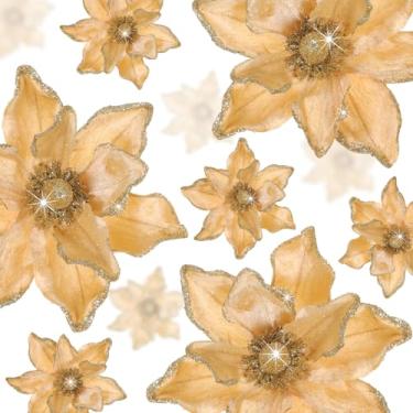 Imagem de Norme 15 peças de flores de magnólia de Natal de veludo em 3 tamanhos, flor artificial com glitter, enfeite de árvore de Natal com haste para decoração de casamento (ouro)