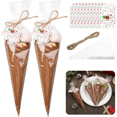 Imagem de Abbylike 100 unidades de sacos de celofane de cone de Natal de 15 x 30 cm, sacos triangulares transparentes com etiquetas de cacau de Natal e 1 corda de juta para lembrancinhas de Natal de chocolate