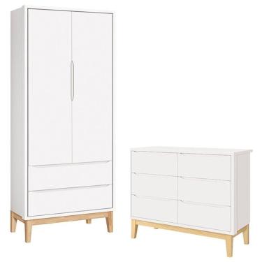 Imagem de Cômoda 6 Gavetas E Guarda Roupa 2 Portas New Classic Branco Com Pés Madeira Natural- Reller