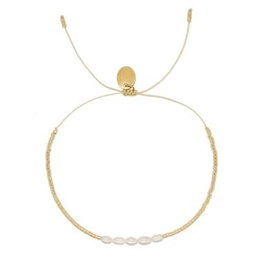 Imagem de EQUBIO Pulseira feminina com contas de semente de ouro banhada a 14 K, com contas de pérolas de água doce, joia minimalista feita à mão para uso diário e camadas