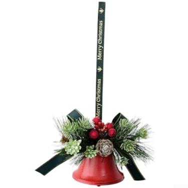 Imagem de Enfeite de sino suspenso de Natal com laço, pinha e agulha de pinheiro, construção de ferro para decoração de árvore, guirlanda ou porta, ouro vermelho branco e verde, variação de 26 cm