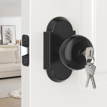 Imagem de BonKuDoo Maçaneta de porta de entrada com fechadura e chave, fechadura externa e interior com chave para frente, entrada e quarto, preto fosco, 1 pacote
