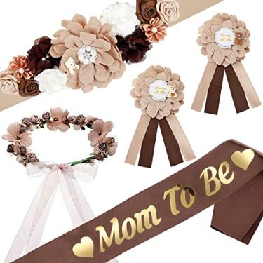 Imagem de Kit de faixa de maternidade com 5 peças, Mom to Be Daddy to Be Corsage, coroa de flores, cinto de gravidez, tema de urso, decorações de chá de bebê, presentes de gravidez, lembrancinhas de festa (marrom)