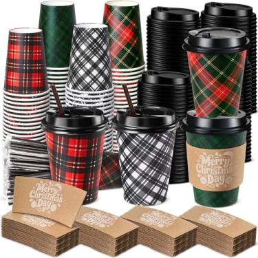 Imagem de Lallisa 100 conjuntos de copos de papel de café descartáveis de Natal a granel com tampas e canudos, 340 g Xícaras de café xadrez de búfalo vermelho e verde para cacau quente e chá, suprimentos para