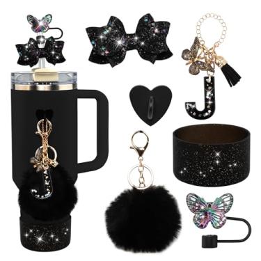 Imagem de Conjunto de 6 peças de acessórios para copo Stanley preto - tampa de cobertura de palha de borboleta, laço brilhante para canudo, bota de silicone brilhante, pingente de letra e pompom para copos