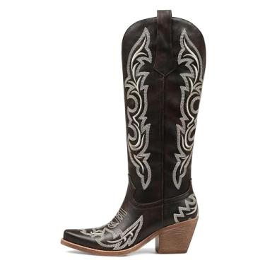 Imagem de Mattiventon Botas de caubói femininas Westen Cowgirl, altura do joelho, com bordado clássico, bico fino, salto grosso para festa de concerto, Marrom escuro, 36
