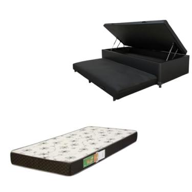 Imagem de Cama Box Baú Solteiro com Auxiliar (Bicama) + Colchão Solteiro Espuma D20 12cm | Kit Completo com Cabeceira Botonê Opcional | Diversas Cores (2, CORINO PRETO, SEM CABECEIRA)