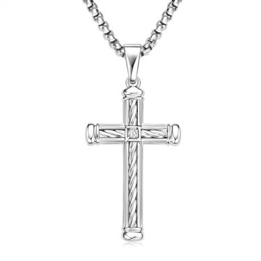 Imagem de Colar com cruz de prata esterlina 925 para homens e mulheres, corrente de aço inoxidável durável, banhado a ouro branco 18K, borda chanfrada, rebites góticos, preto, texturizado, crucifixo de