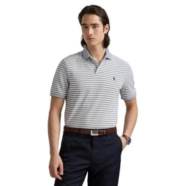 Imagem de Polo Ralph Lauren Camisa polo masculina de malha listrada de ajuste clássico, azul terra/branco, Azul terra/branco, XXG